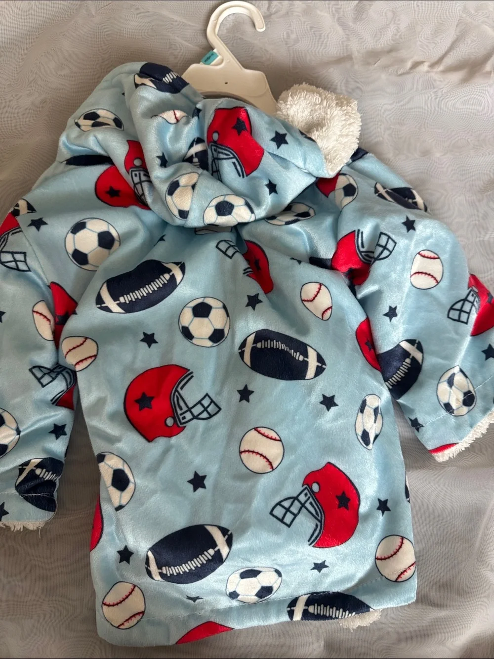 Kids Light Blue Hooded Sleep Robe with Sports Print